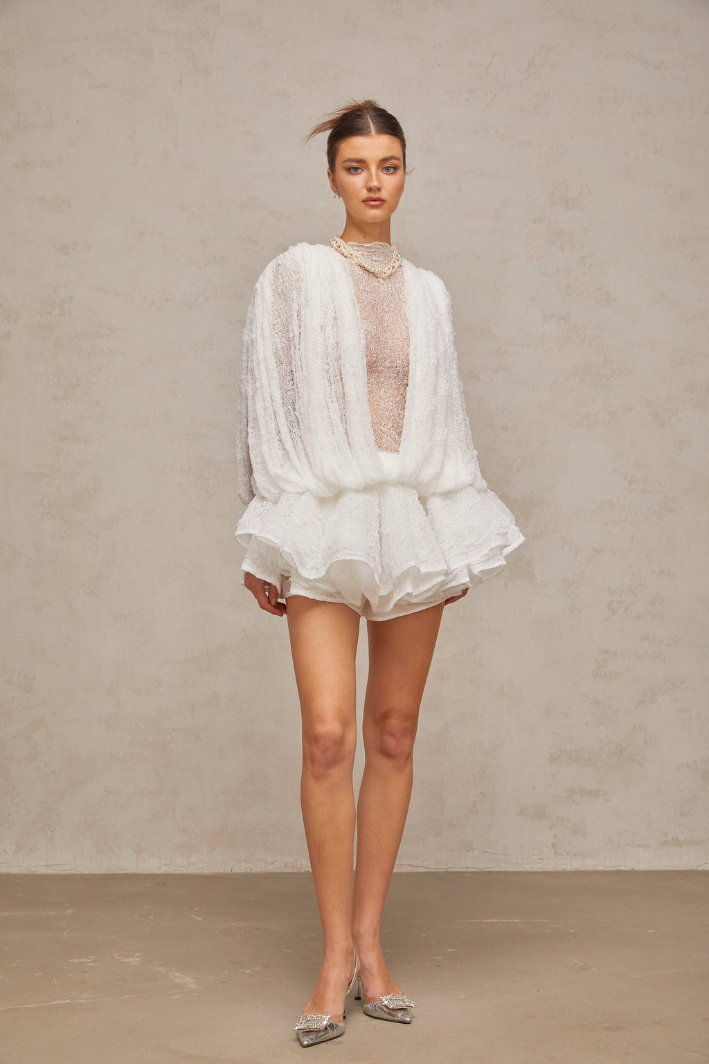 Isoline White Semi-Sheer Lace Top & Shorts & Dress Matching Set