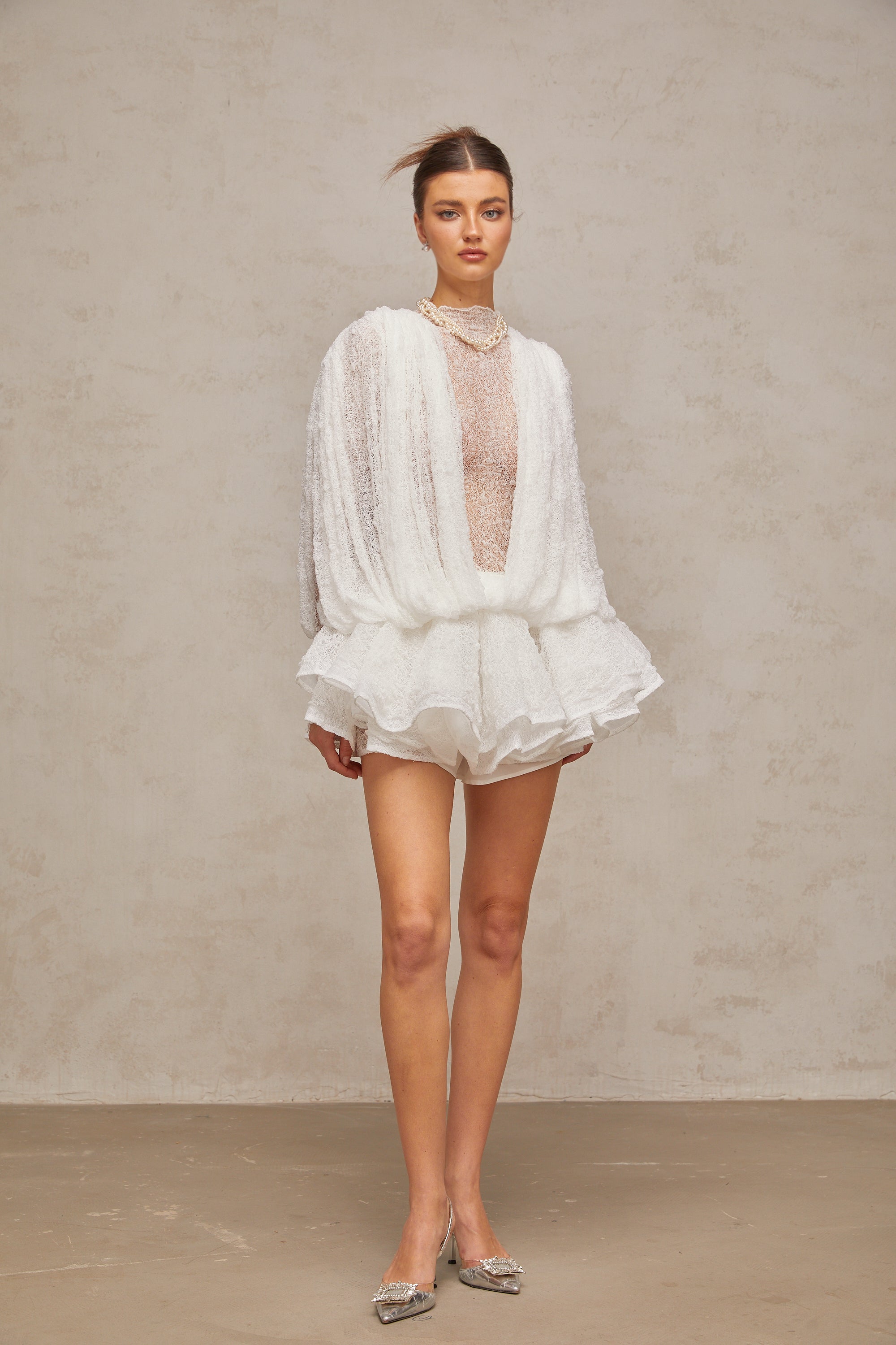 Isoline White Semi-Sheer Lace Top & Shorts & Dress Matching Set