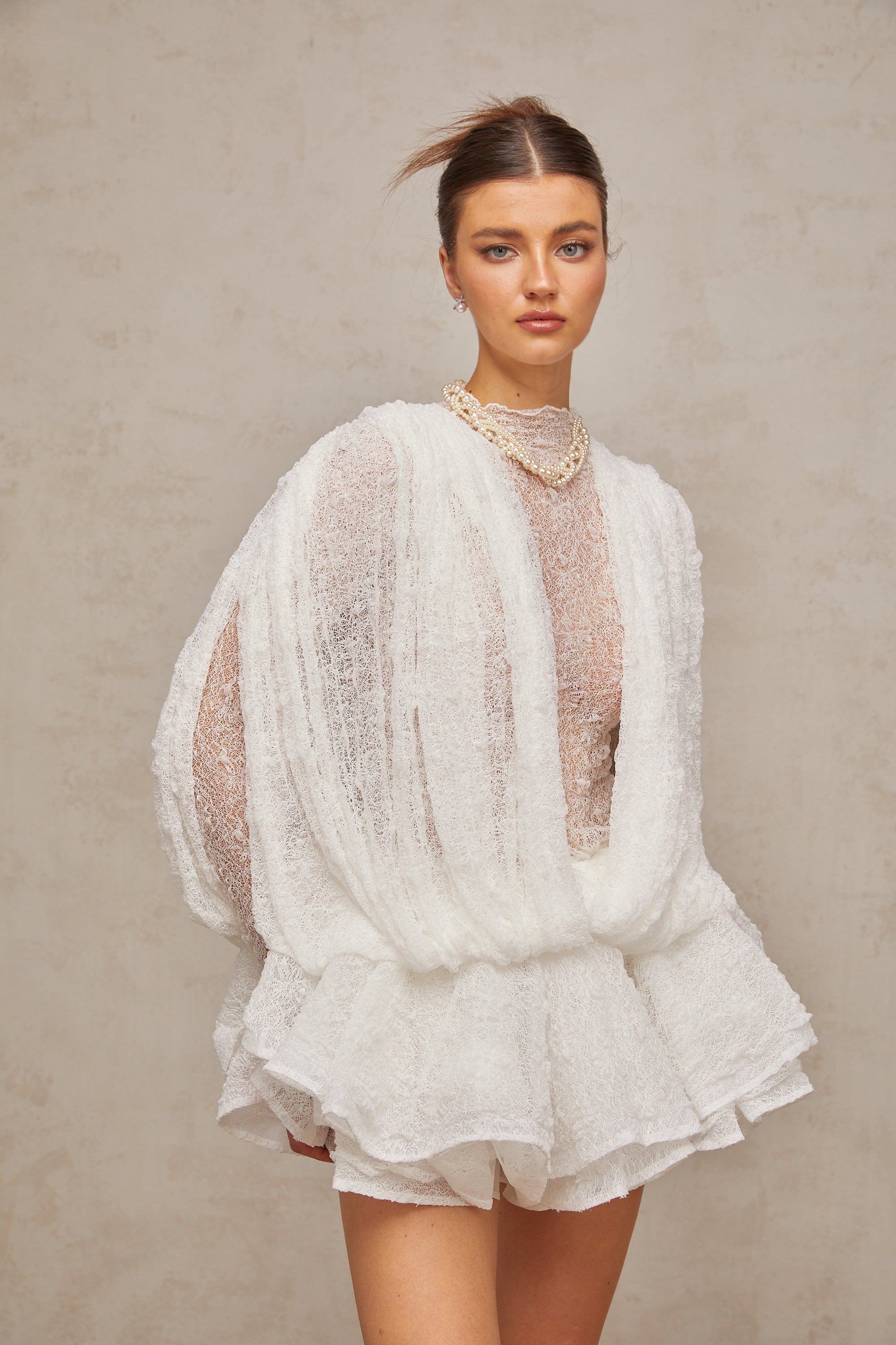 Isoline White Semi-Sheer Lace Top & Shorts & Dress Matching Set