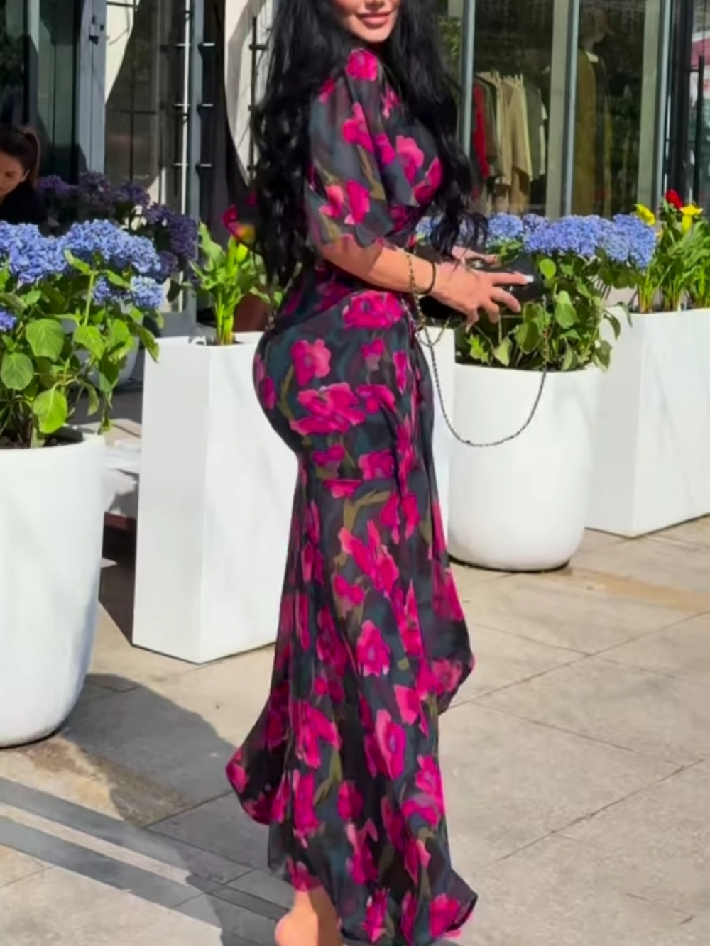 Printed Retro V-Neck Dress with Trumpet Sleeves