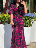 Printed Retro V-Neck Dress with Trumpet Sleeves