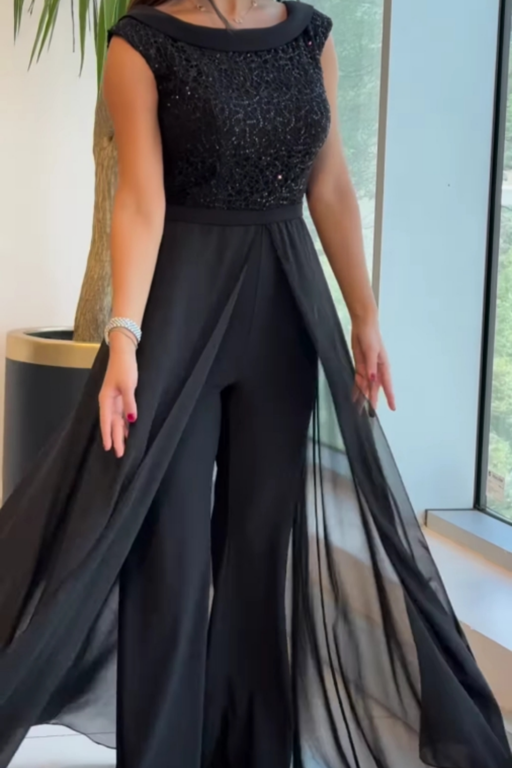 Tulle Jumpsuit with Round Neck and Textured Panels