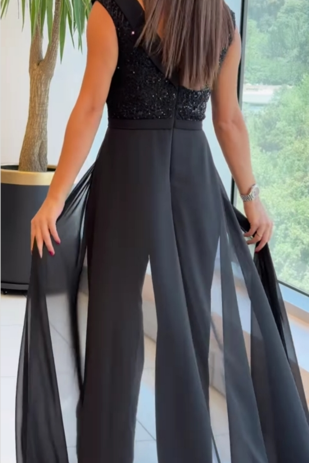 Tulle Jumpsuit with Round Neck and Textured Panels