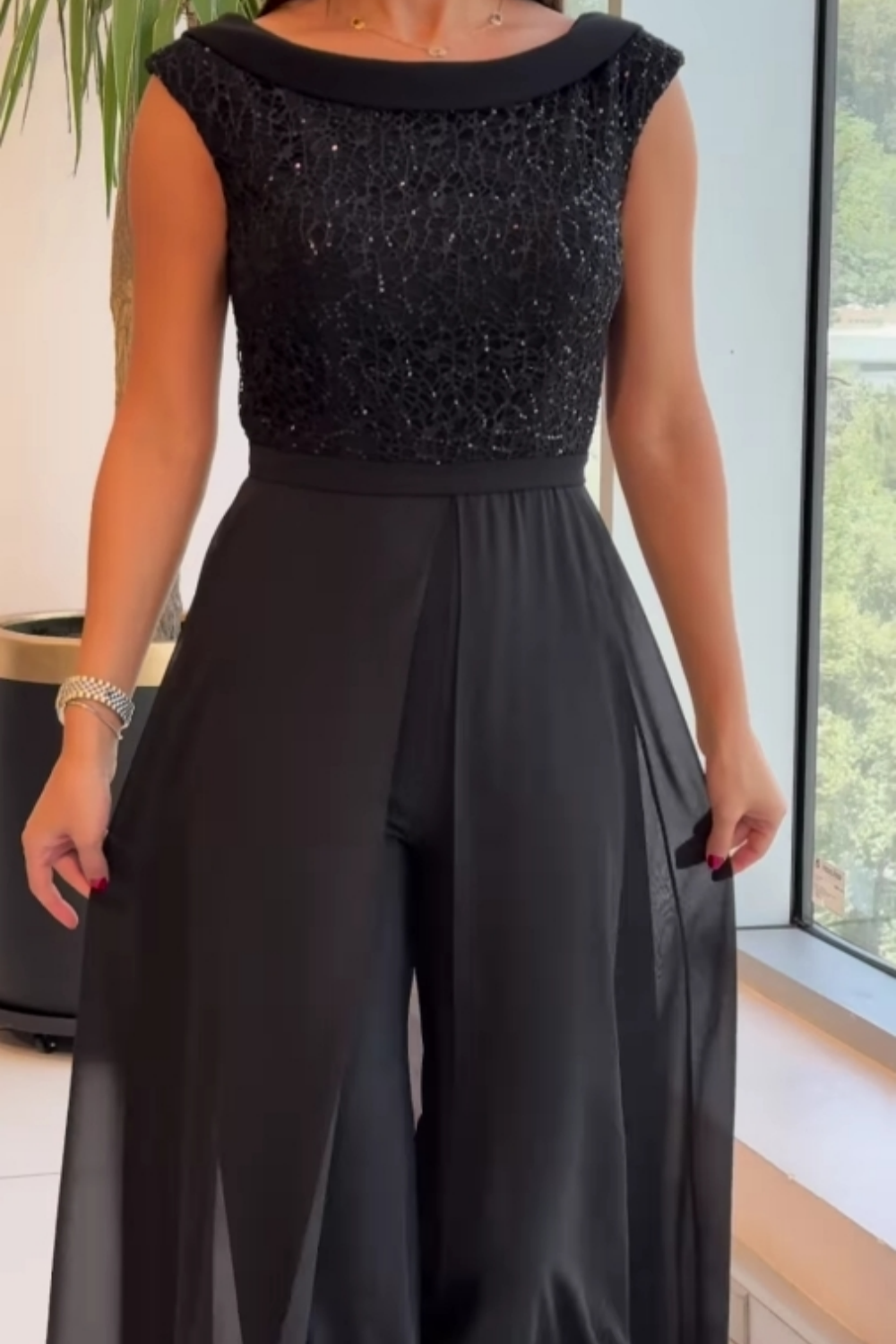 Tulle Jumpsuit with Round Neck and Textured Panels
