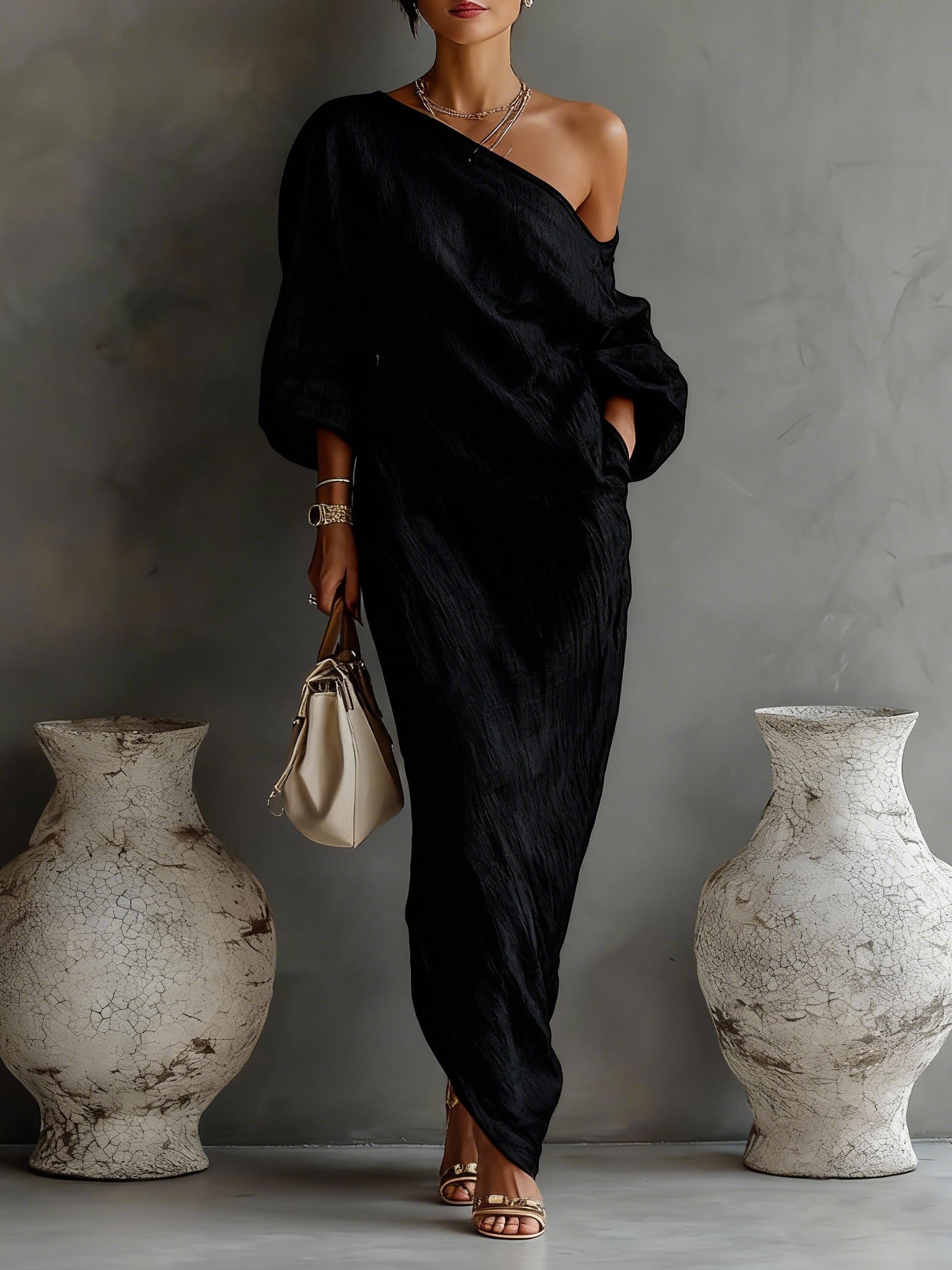 Black One-Shoulder Flowing Elegant Maxi Dress (No Pockets)