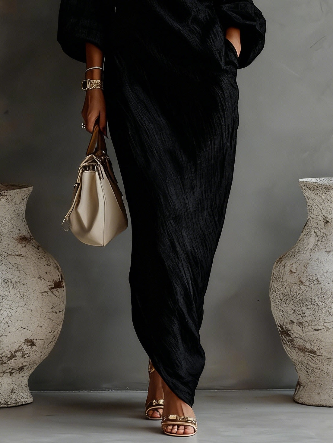 Black One-Shoulder Flowing Elegant Maxi Dress (No Pockets)