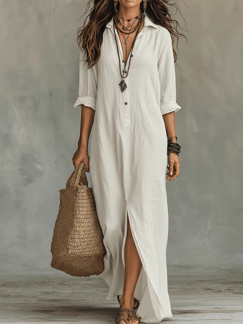 Black Button-Down Front-Opening Loose-Fitting Shirt Maxi Dress