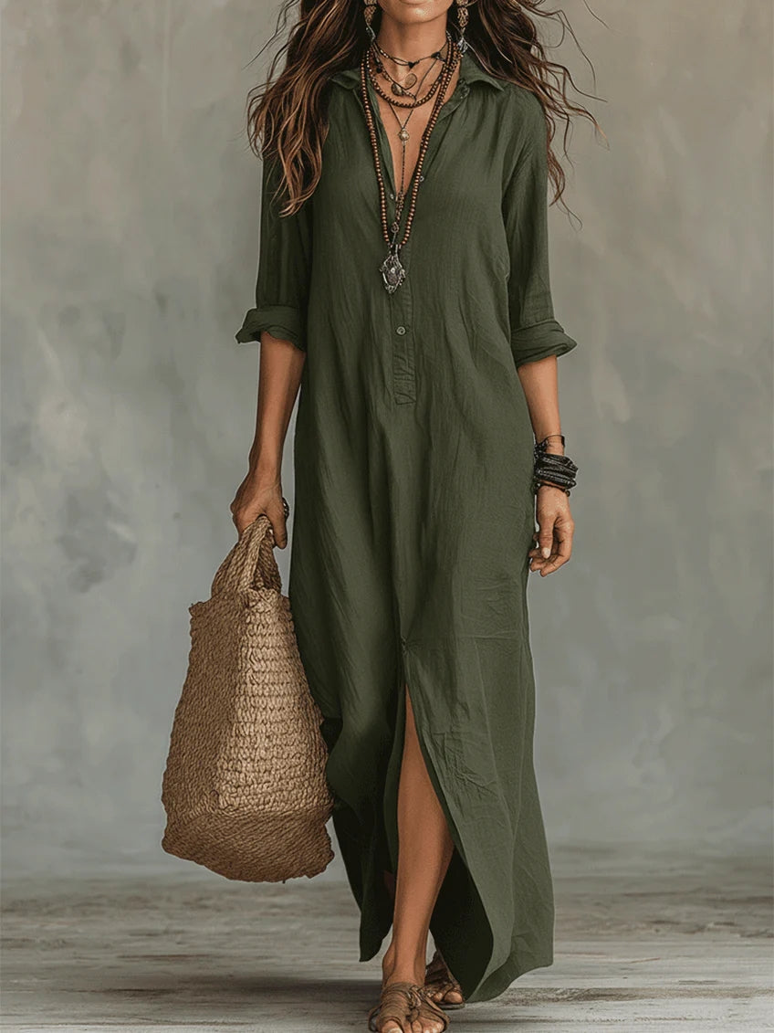 Black Button-Down Front-Opening Loose-Fitting Shirt Maxi Dress