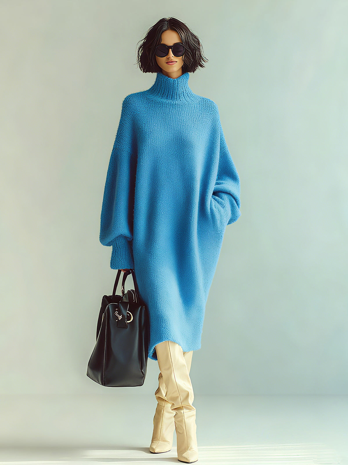 Chic Casual Blue Turtle Neck Oversized Long Sleeve Knit Midi Dress