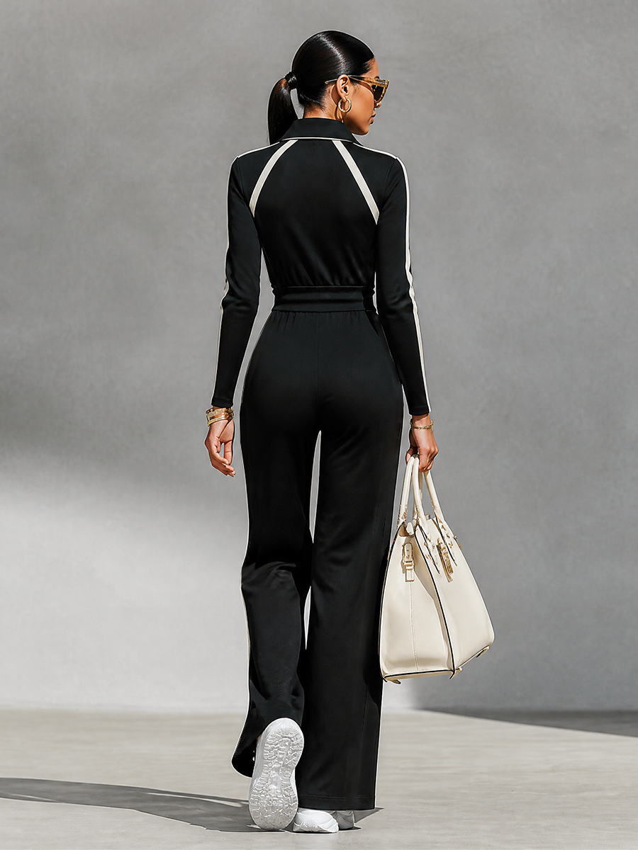 Women's Waist‑Tracked Sporty Striped Zip Collar Jumpsuit MDZ1256H1LYL