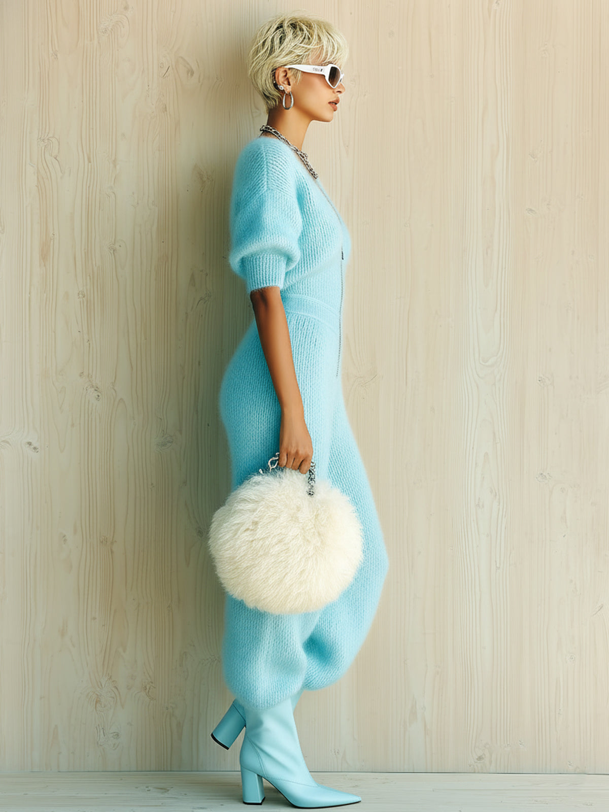 Chic Elegant Blue V-Neck Zipper-Front Short-Sleeve Tailored Waist Straight-Leg Fuzzy Knit Jumpsuit