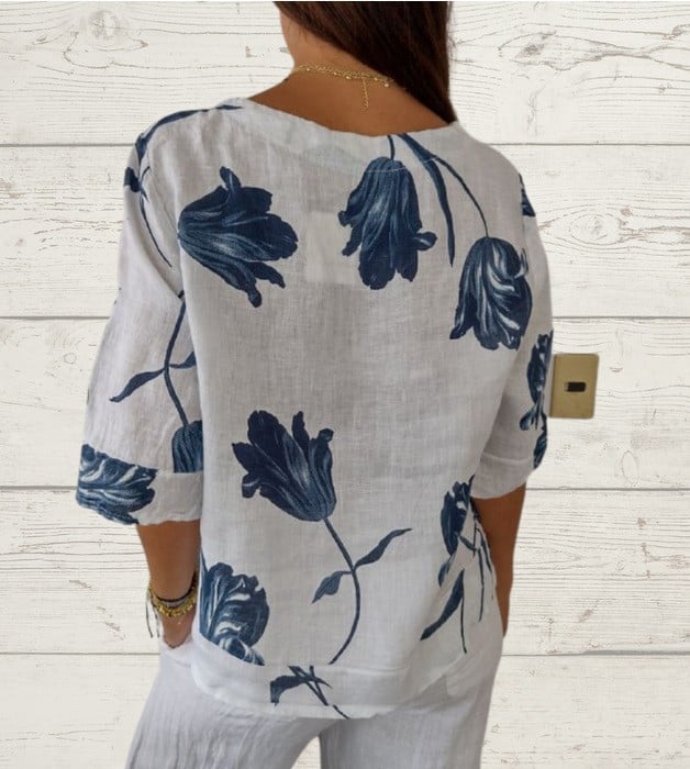Printed Cotton and Linen V-Neck Pullover Shirt
