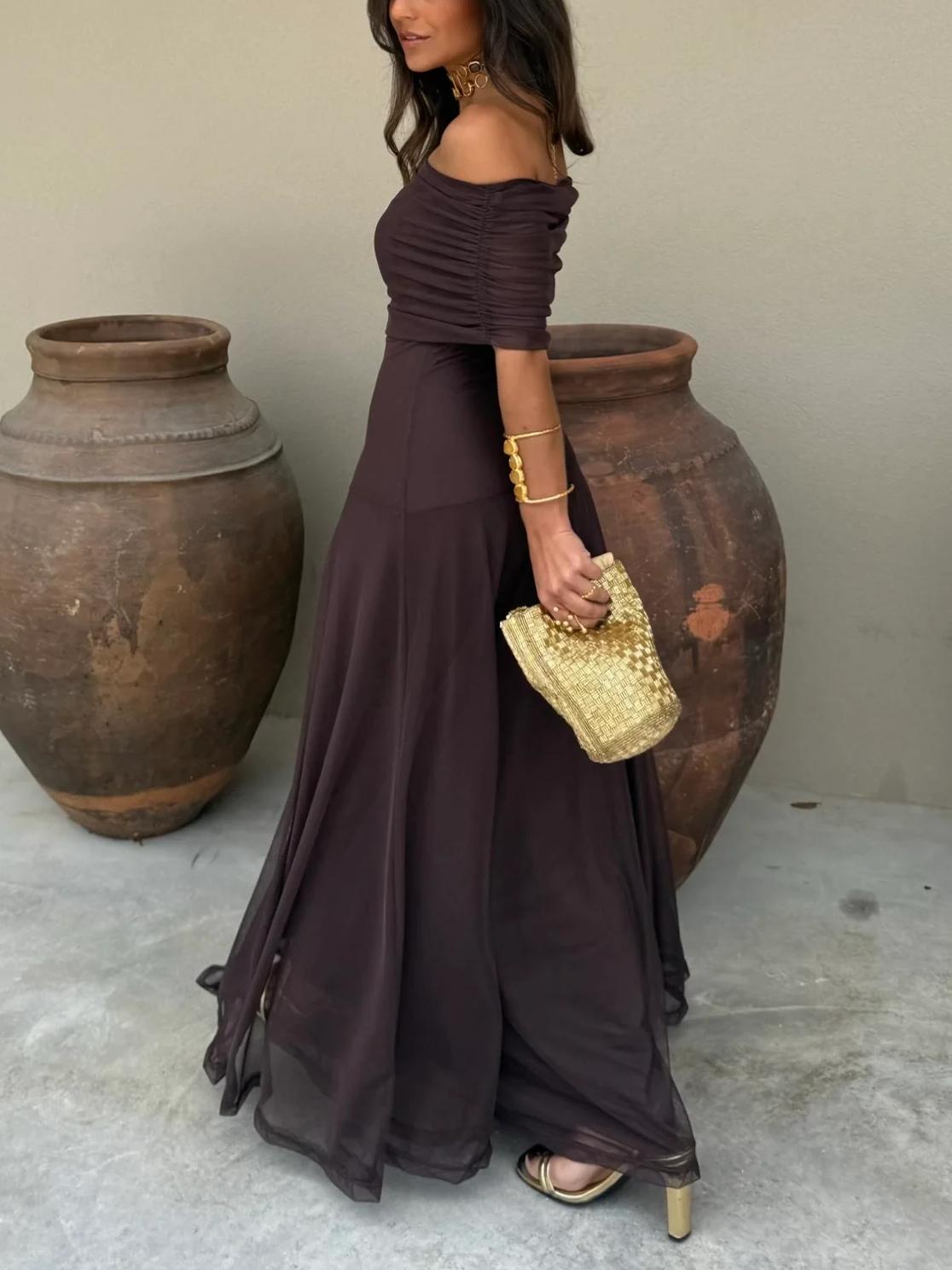 Brown One-Shoulder Mesh Maxi Dress