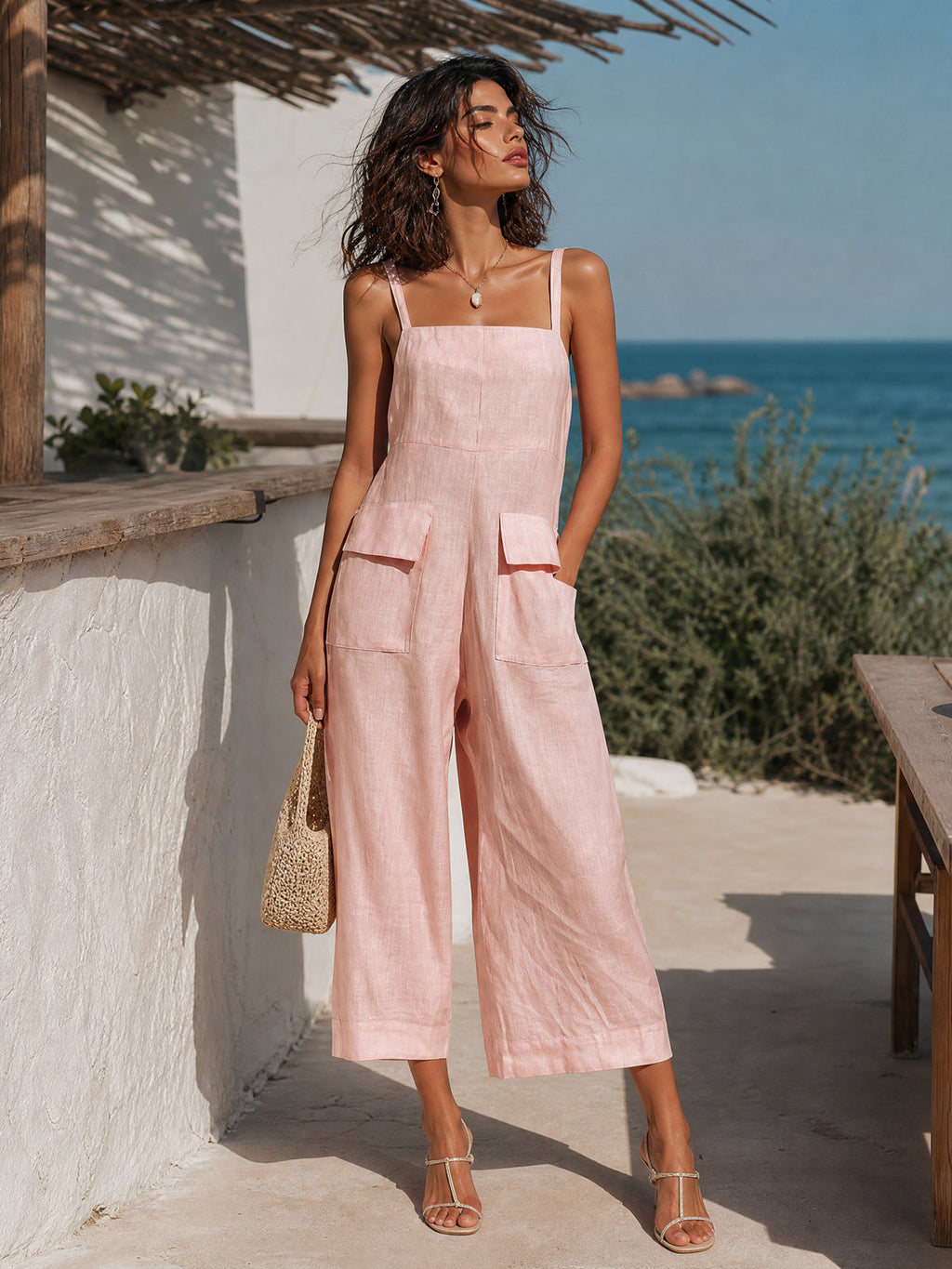 Chic Elegant Pink Cotton Linen Blend Thin Straps Sleeveless  Patch Pockets Loose-Fit Wide-Leg Cropped Jumpsuit