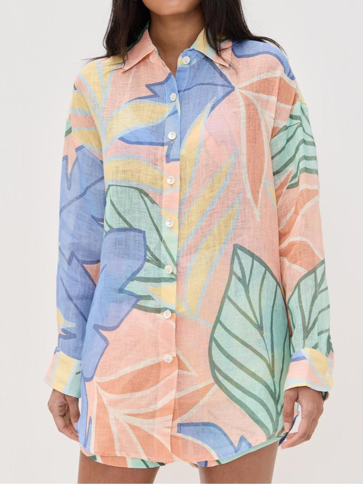 Boyfriend-Style Tropical Leaf Printed Short Set