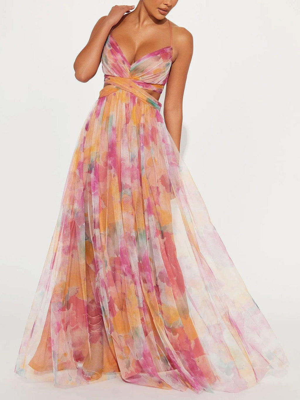 Painted Floral Print V-Neck A-Line Maxi Dress