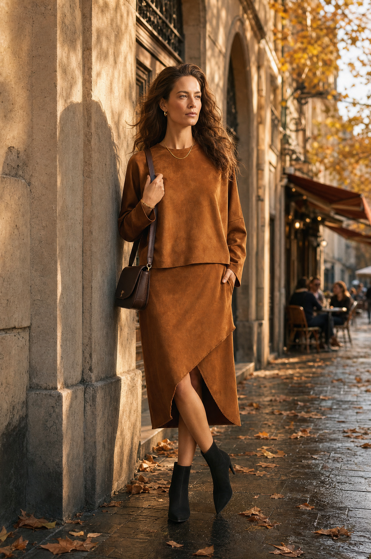 Women's Raw Edge Asymmetric Hem Brown Set