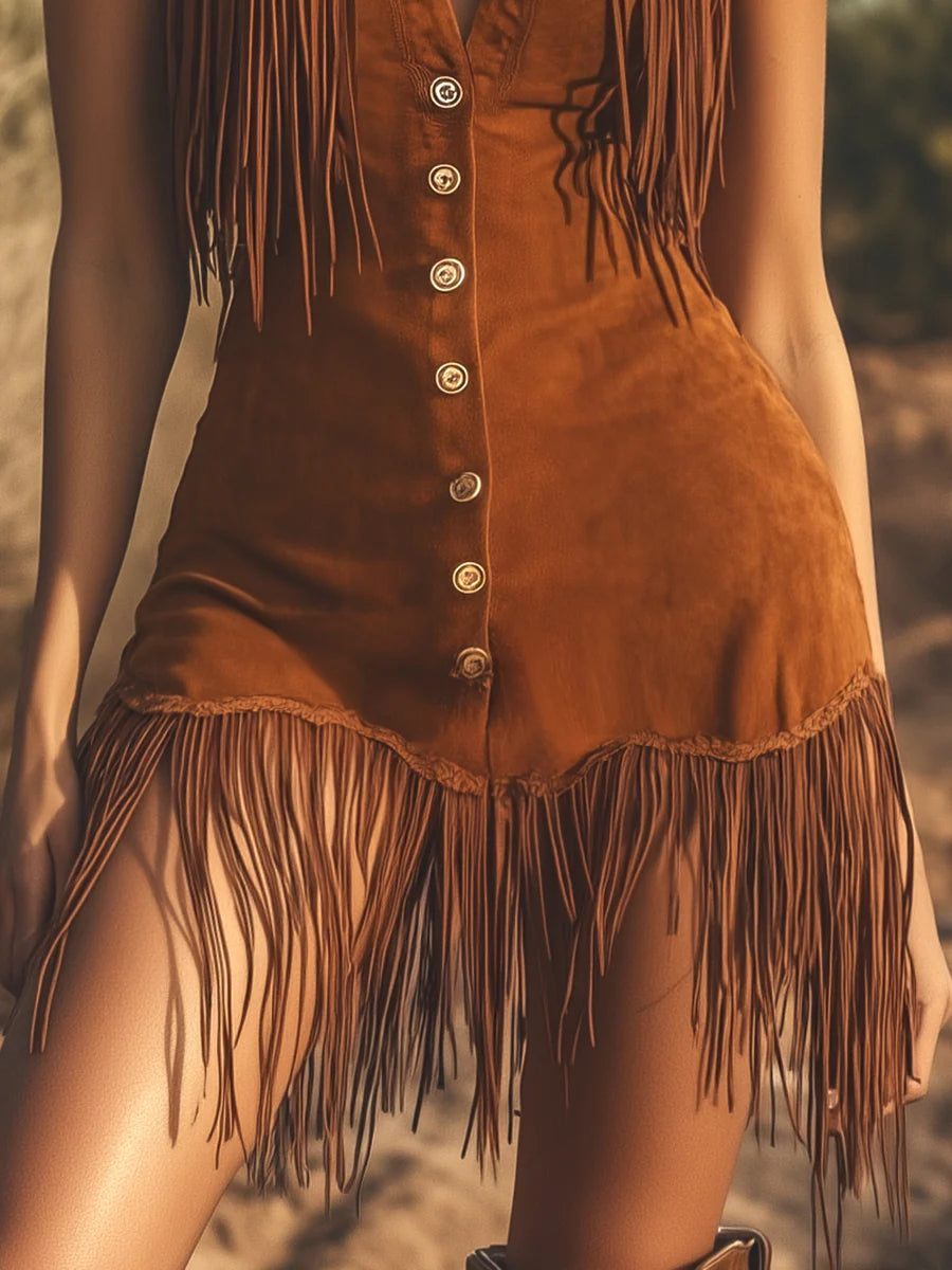 Western Style Brown Suede Fringe Sleeveless Mini Dress