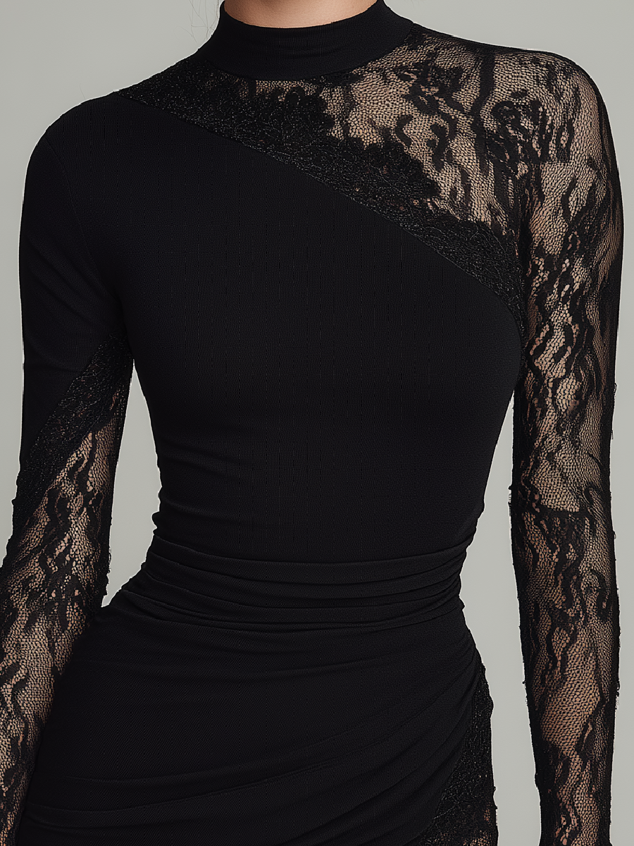 Black Turtleneck Lace Asymmetrical Tulle Long-Sleeved Mini Dress