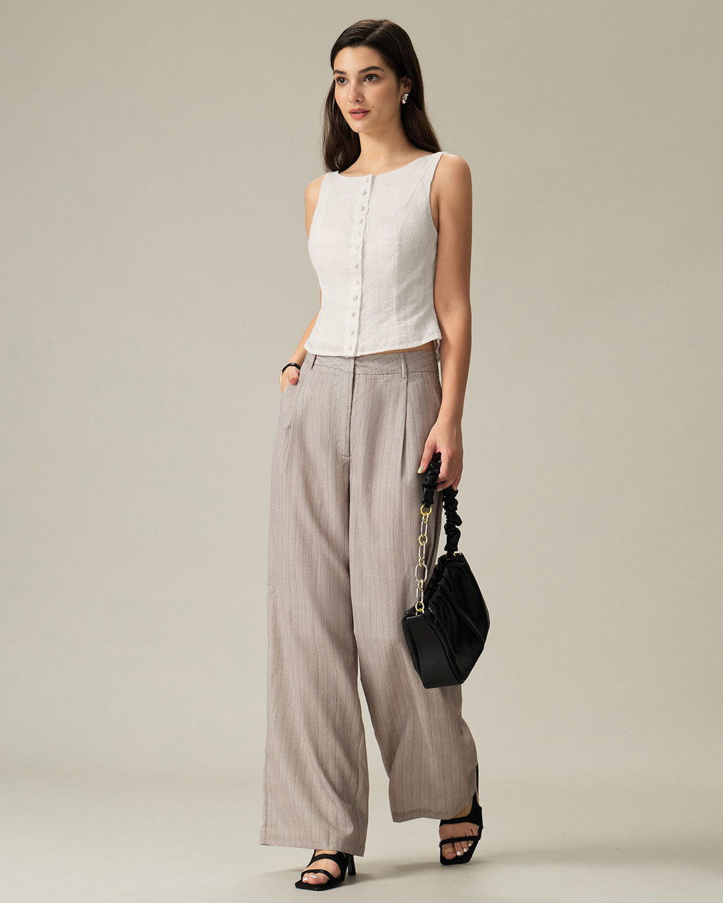 White Textured Vest with Boat Neck and Button Detail