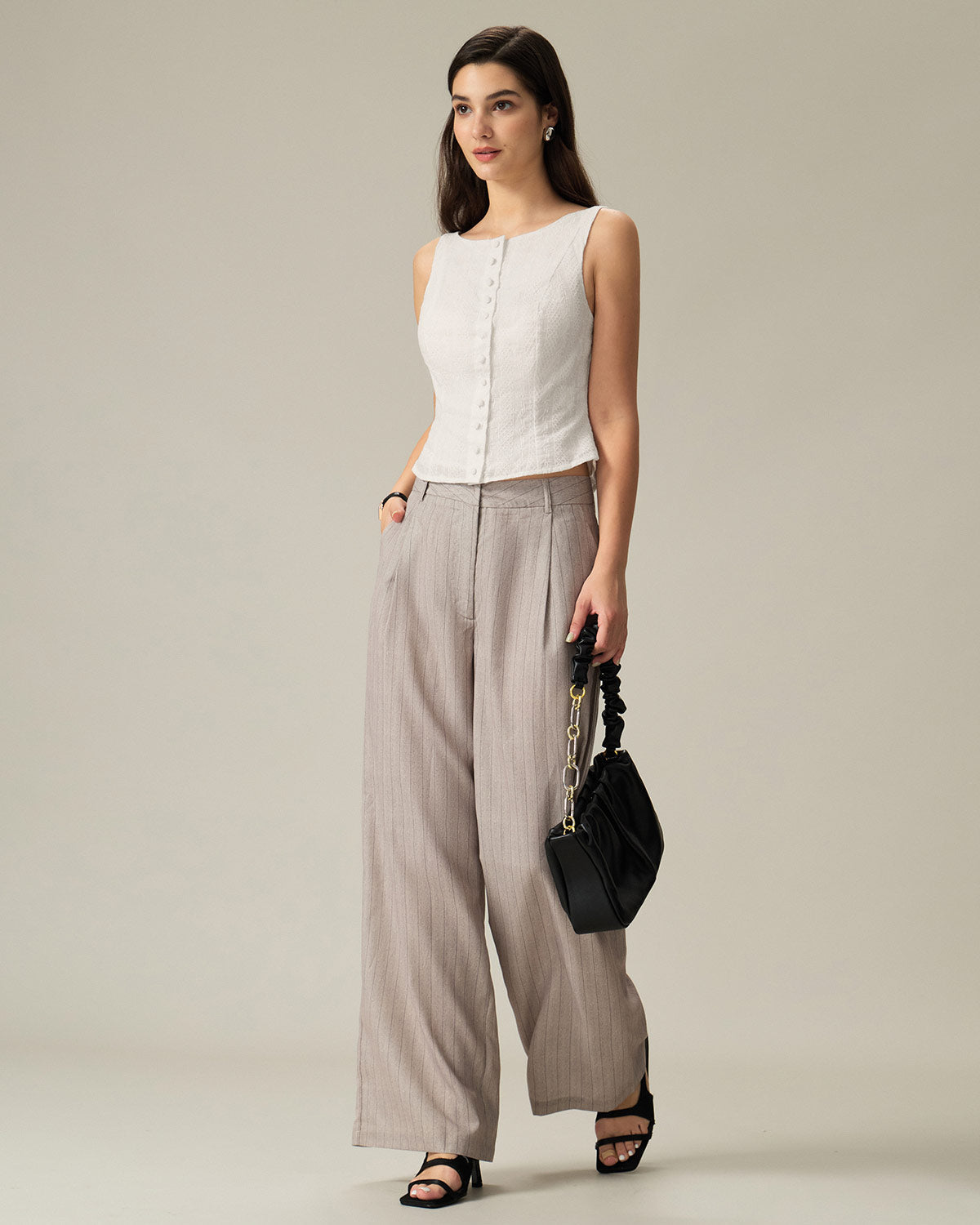 White Textured Vest with Boat Neck and Button Detail