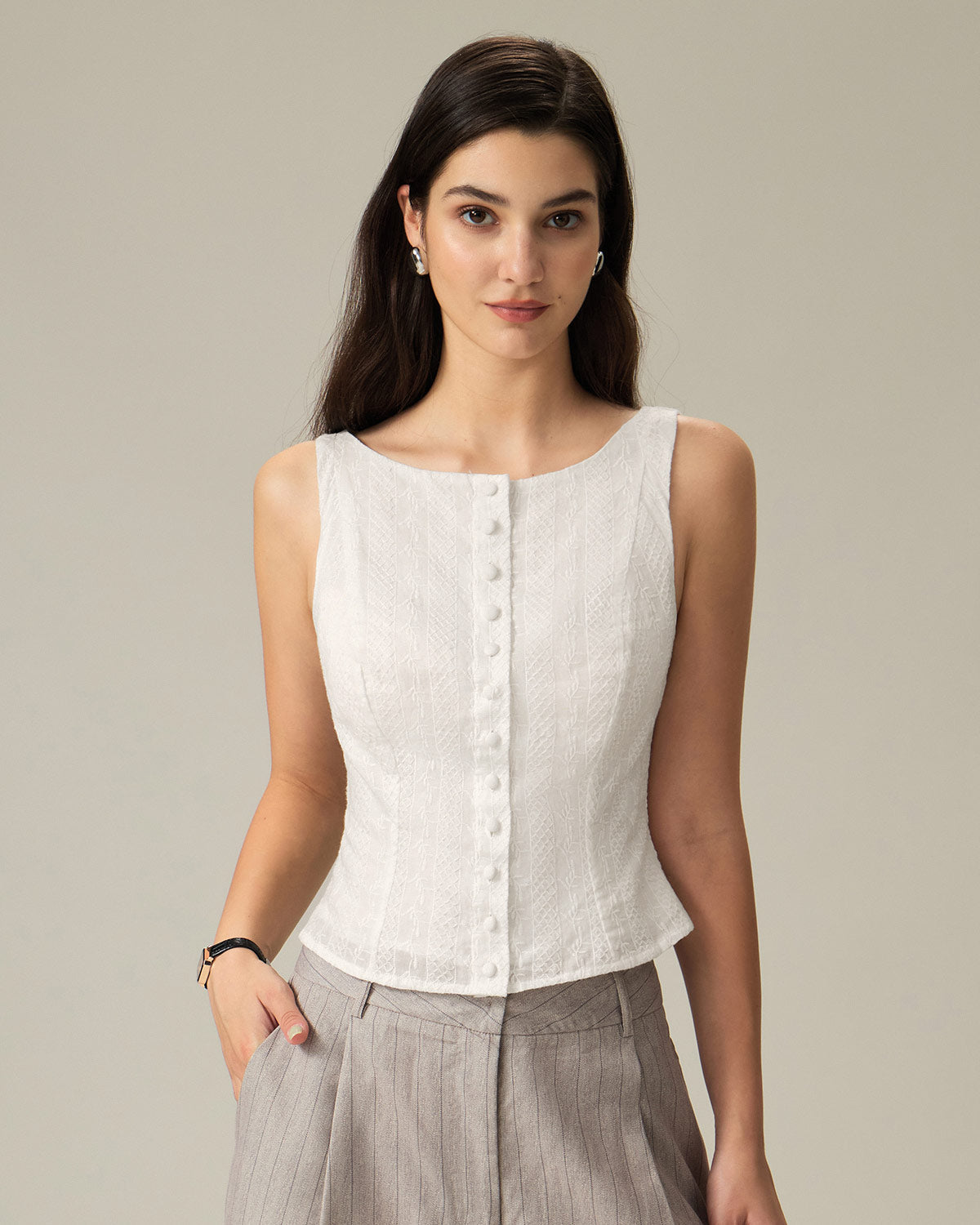 White Textured Vest with Boat Neck and Button Detail