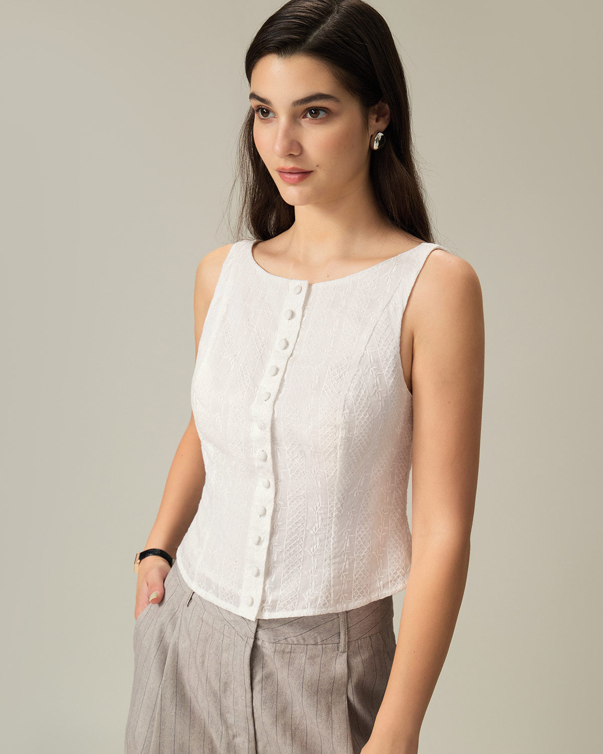 White Textured Vest with Boat Neck and Button Detail