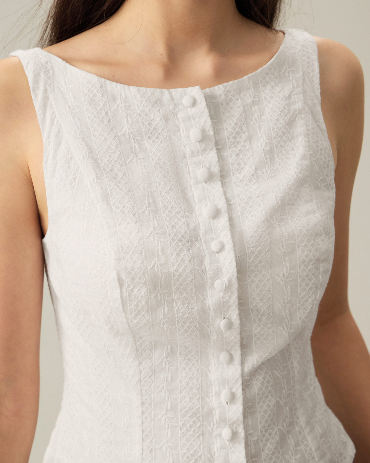White Textured Vest with Boat Neck and Button Detail