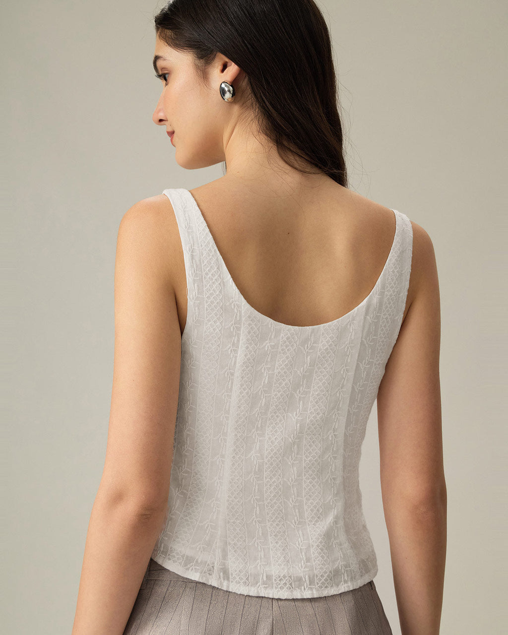 White Textured Vest with Boat Neck and Button Detail