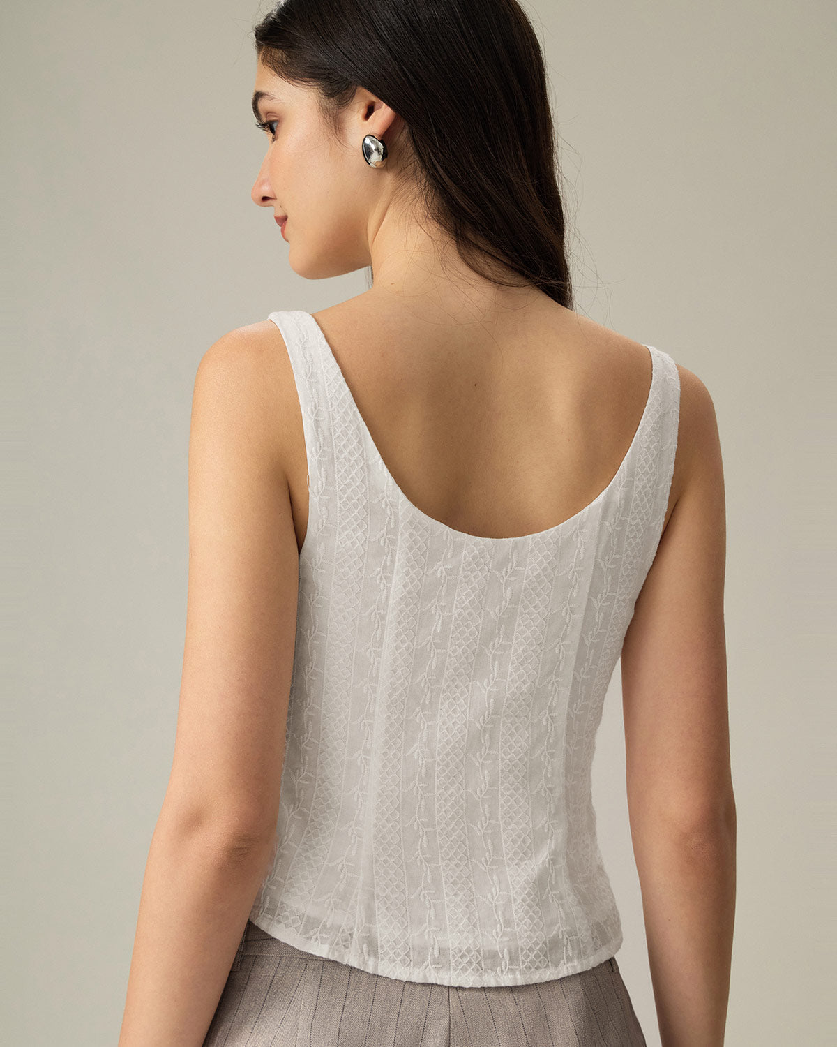 White Textured Vest with Boat Neck and Button Detail