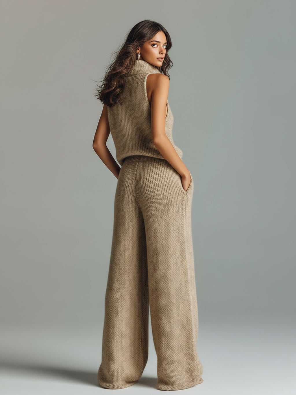 Chic Elegant Camel Stand Collar V-Neck Sleeveless Sweater  Wide-Leg Pants Ribbed Knit Two-Piece Set