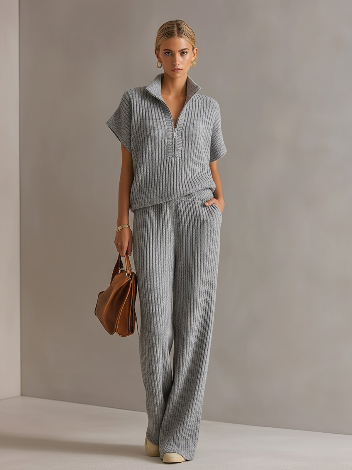 Chic Elegant Cream White Zipper-Up Stand Collar Oversize Short-Sleeve Sweater  Wide-Leg Pants Ribbed Knit Two-Piece Set