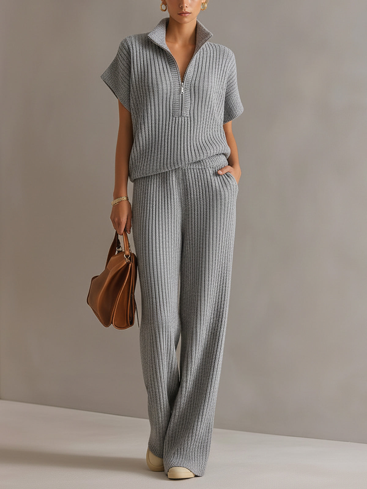 Chic Elegant Cream White Zipper-Up Stand Collar Oversize Short-Sleeve Sweater  Wide-Leg Pants Ribbed Knit Two-Piece Set