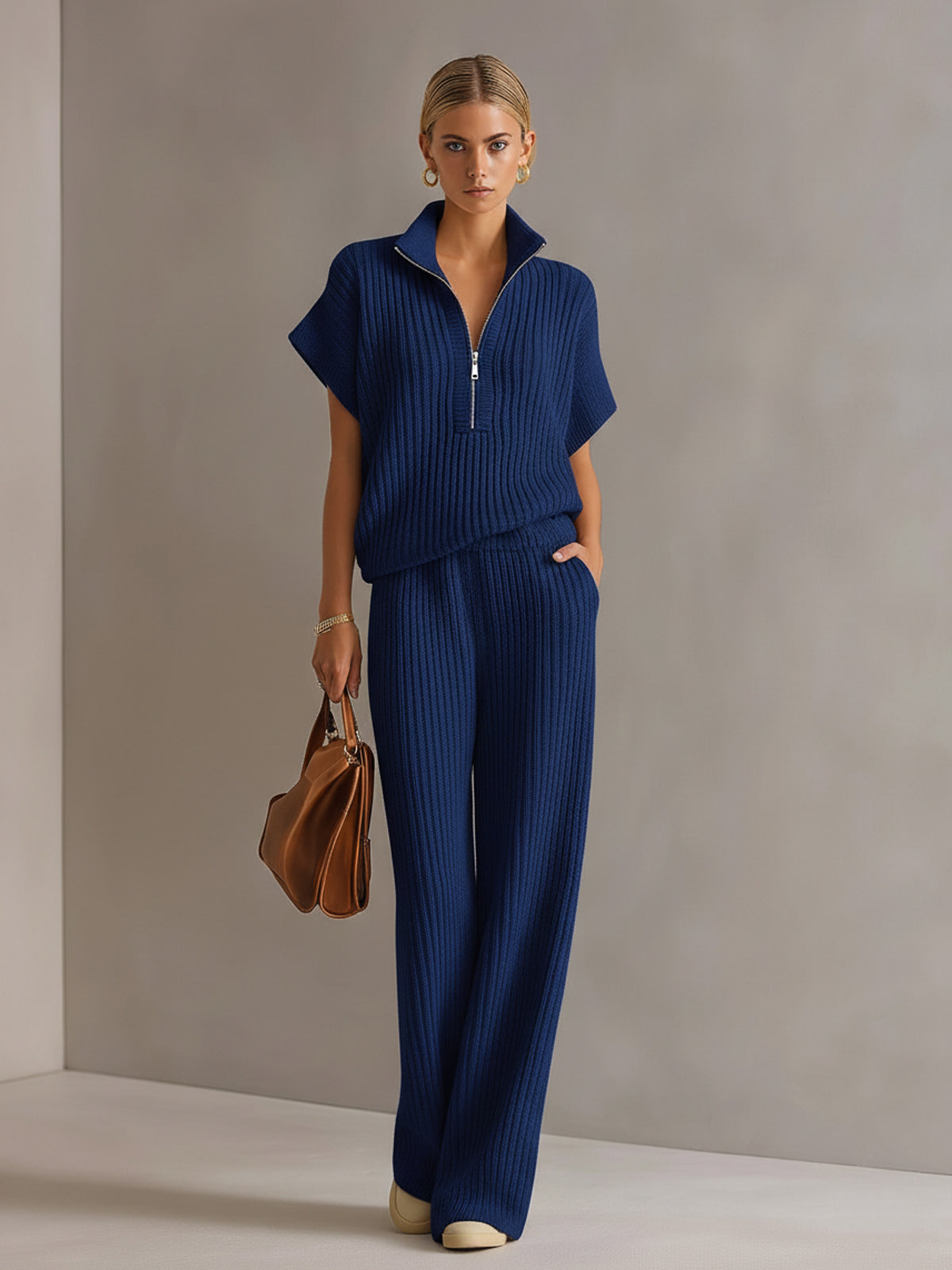 Chic Elegant Cream White Zipper-Up Stand Collar Oversize Short-Sleeve Sweater  Wide-Leg Pants Ribbed Knit Two-Piece Set