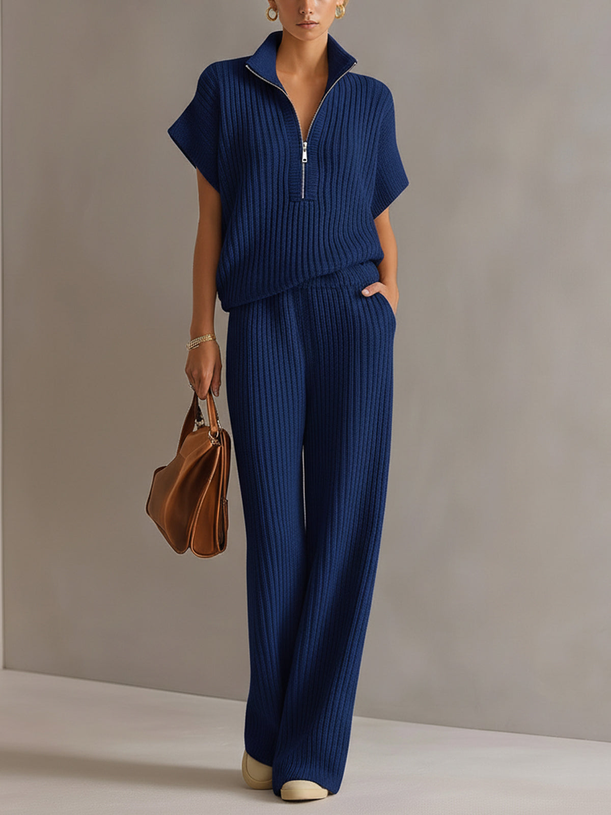 Chic Elegant Cream White Zipper-Up Stand Collar Oversize Short-Sleeve Sweater  Wide-Leg Pants Ribbed Knit Two-Piece Set