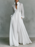 Women's Minimalist Tencel And Linen Patchwork Single-breasted Stand-up Collar Long-sleeved Maxi Dress MDA0658K6Y