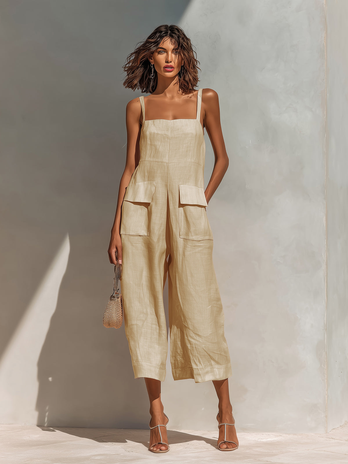 Chic Elegant Pink Cotton Linen Blend Thin Straps Sleeveless  Patch Pockets Loose-Fit Wide-Leg Cropped Jumpsuit