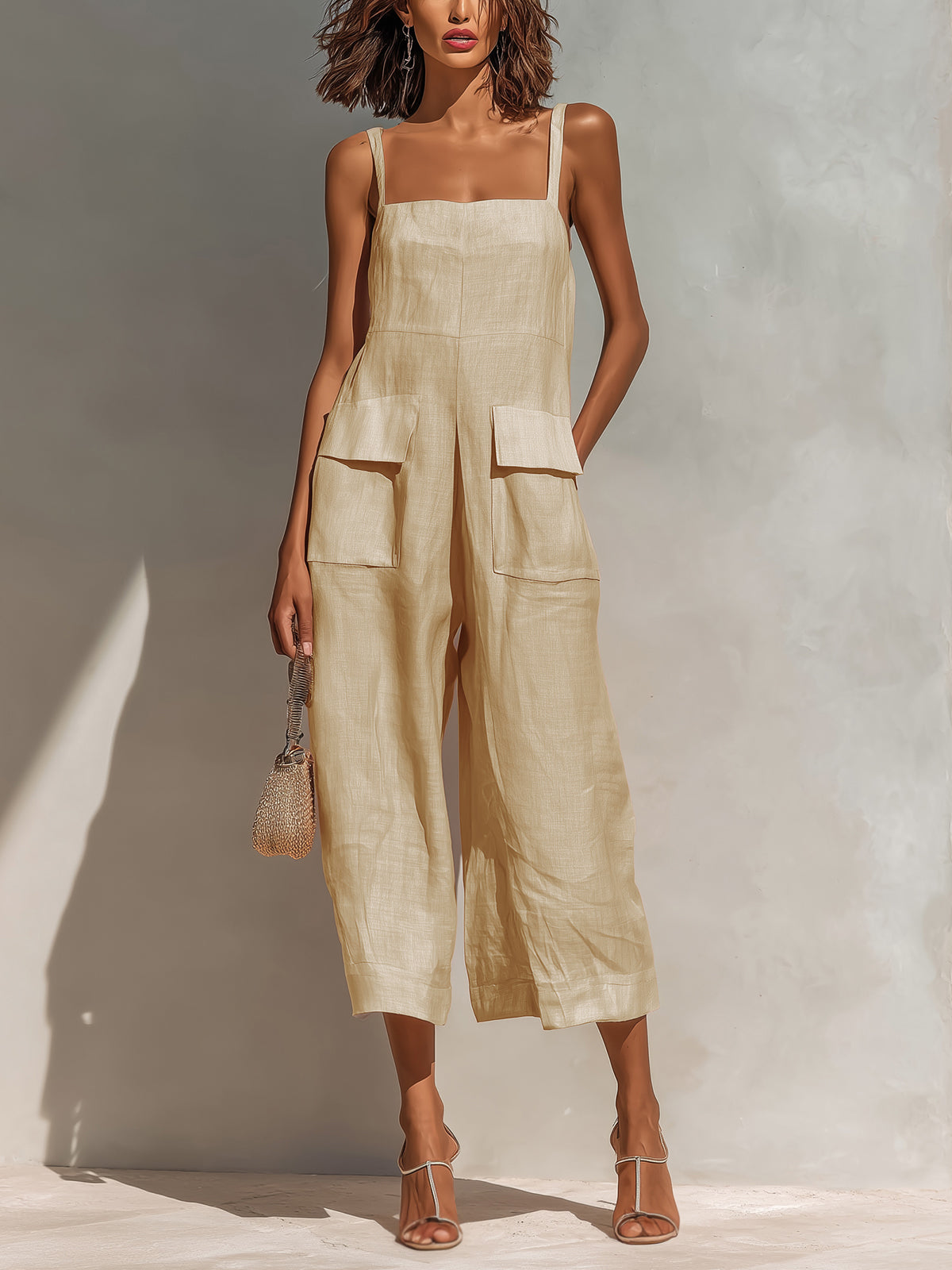 Chic Elegant Pink Cotton Linen Blend Thin Straps Sleeveless  Patch Pockets Loose-Fit Wide-Leg Cropped Jumpsuit