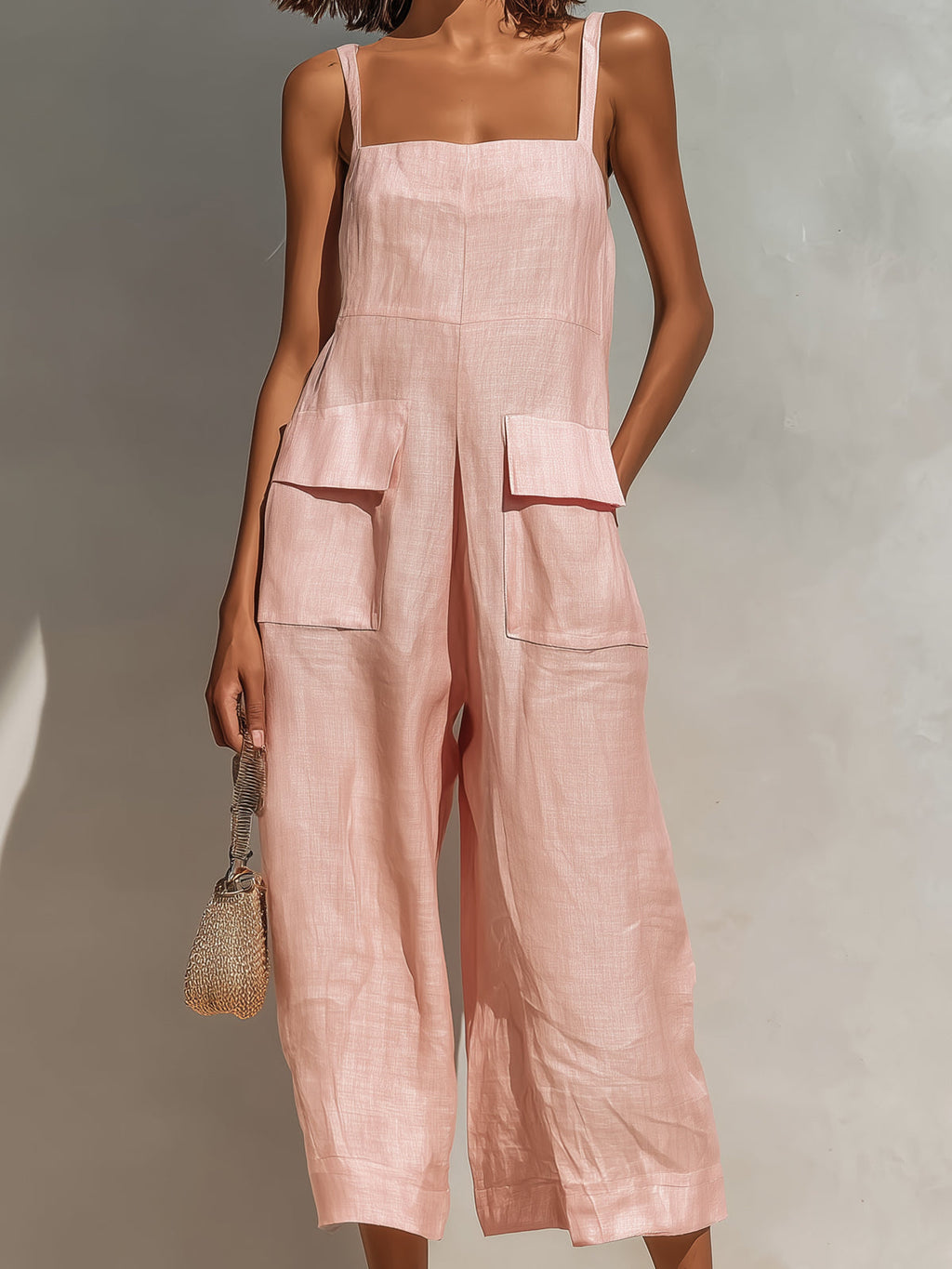 Chic Elegant Pink Cotton Linen Blend Thin Straps Sleeveless  Patch Pockets Loose-Fit Wide-Leg Cropped Jumpsuit