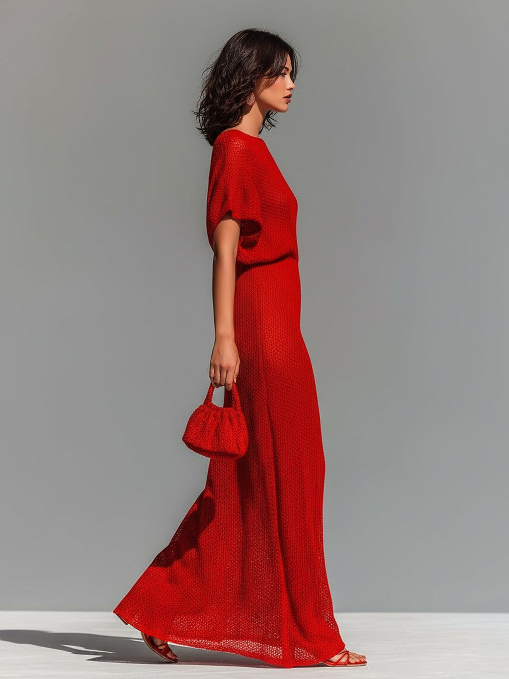 Chic Elegant Red Boat Neck Short-Sleeve Loose-Fit Breathable Knit Maxi Dress (Including A Slip Dress)