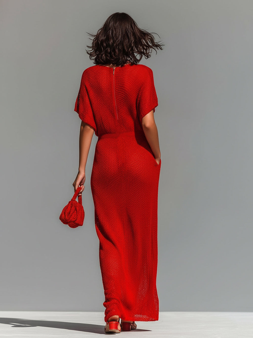Chic Elegant Red Boat Neck Short-Sleeve Loose-Fit Breathable Knit Maxi Dress (Including A Slip Dress)