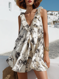 Chic Holiday Tulip Mini Dress Satin V-Neck with Ruffles and Floral Print