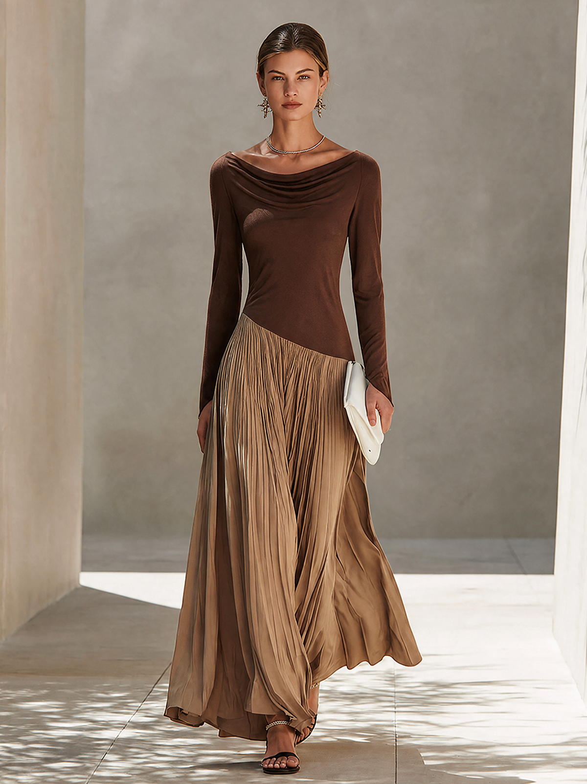 Women's Minimalist Two-Tone Color-Block Maxi Dress With Drape Neckline  MDZ0907G9ZRK