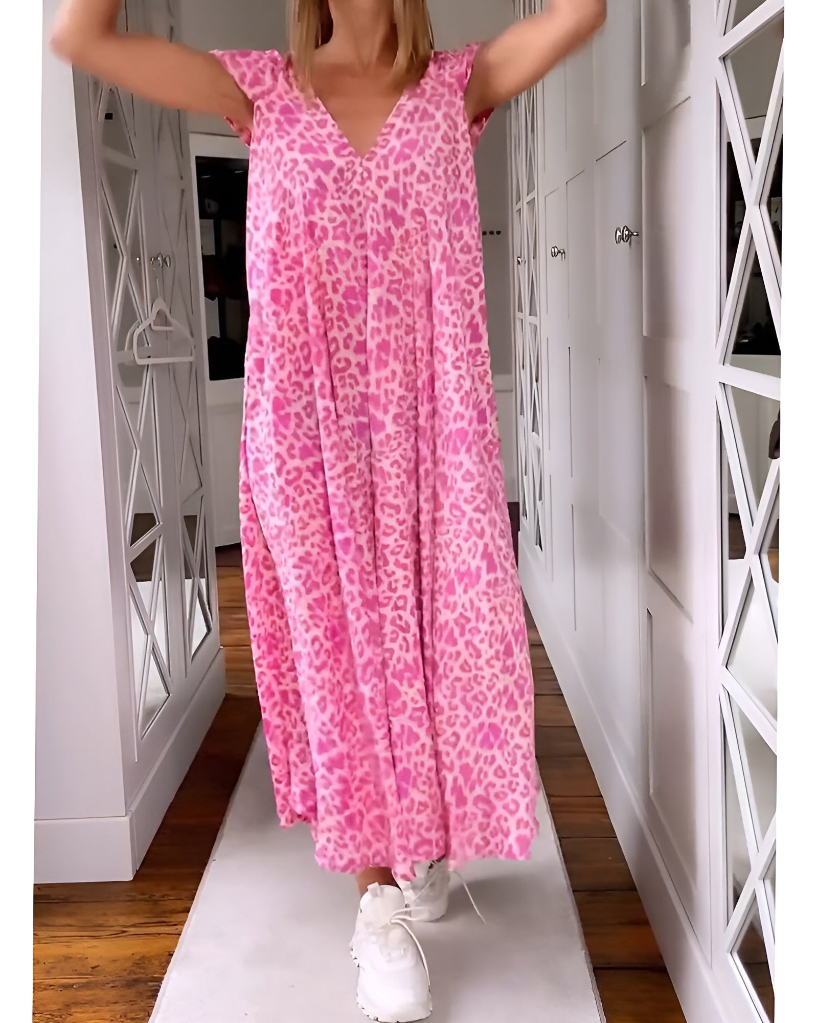 VÉRONIQUE | LONG DRESS WITH V - NECK AND SHORT SLEEVES - Rossis Family Boutique Miami