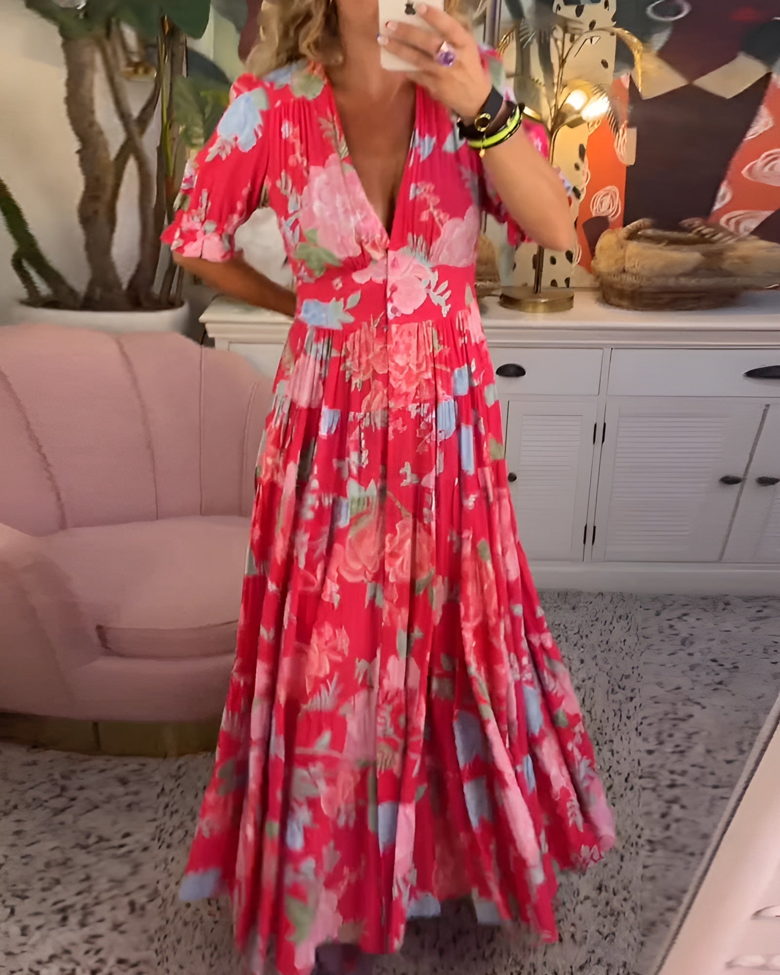 CARINE | DRESS WITH POCKETS AND V - NECK IN FLORAL PRINT - Rossis Family Boutique Miami