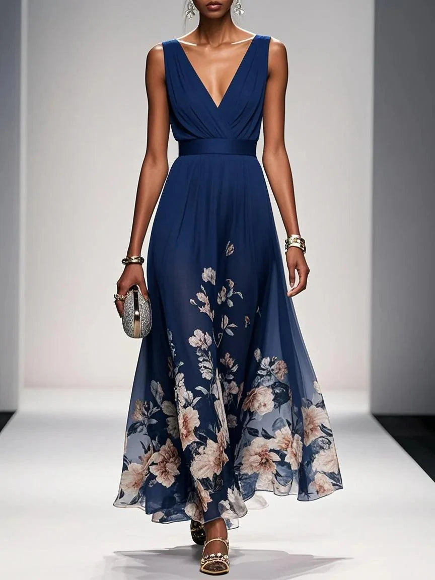 Floral Sky Blue Chiffon V-Neck Sleeveless Maxi Dress