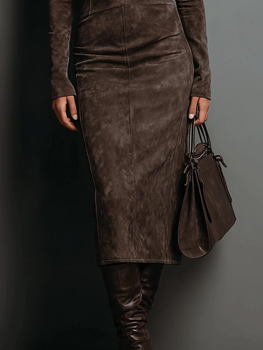 Midi Suede Dress with High Neck and Long Sleeves
