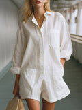 Tuta Salopette A Bottoni Colletto In Cotone Lino Bianco Stile Costiero Minimalista