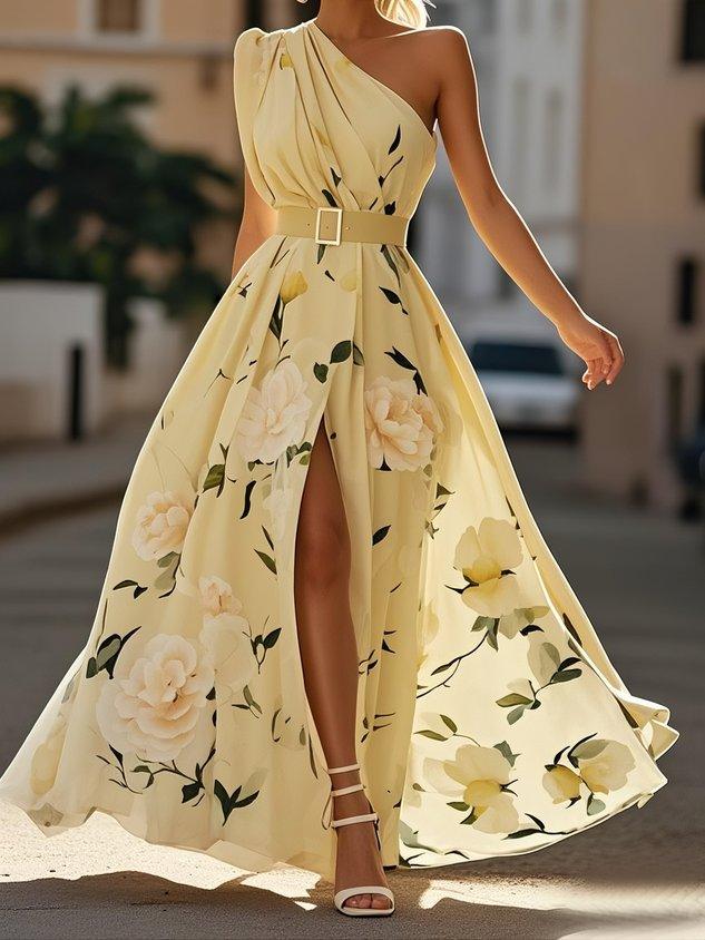 Light Green Floral One Shoulder Ruffled Chiffon A-Line Maxi Dress