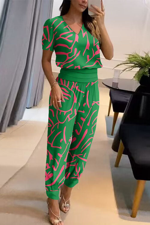 Two Piece Casual V-Neck Printed Short Sleeve Top and Long Pants Set